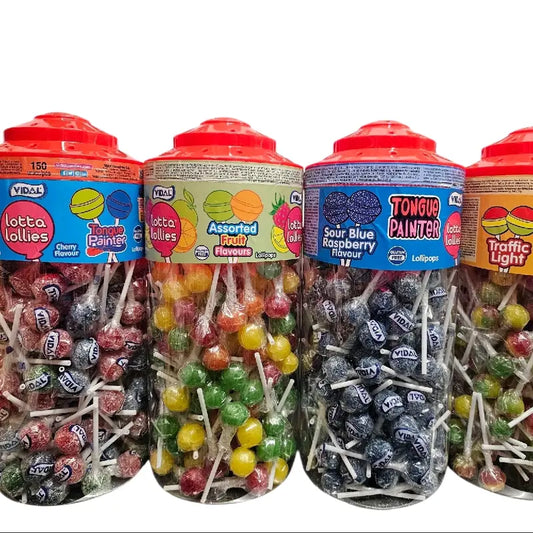 Vidal Lollies Jar (150 Lollies): Traffic Light, Assorted Fruit Flavors and Tongue Painters, Sour Blue Raspberry Tongue Painter Lollies