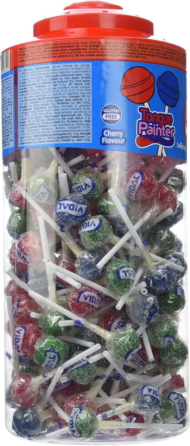 Vidal Lollies Jar (150 Lollies): Traffic Light, Assorted Fruit Flavors and Tongue Painters, Sour Blue Raspberry Tongue Painter Lollies