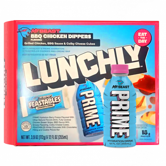 NEW MrBeast Mini Lunchly PRIME Hydration 12fl.oz (355ml) + Empty BBQ Dippers Lunchly Box (Pre-order)